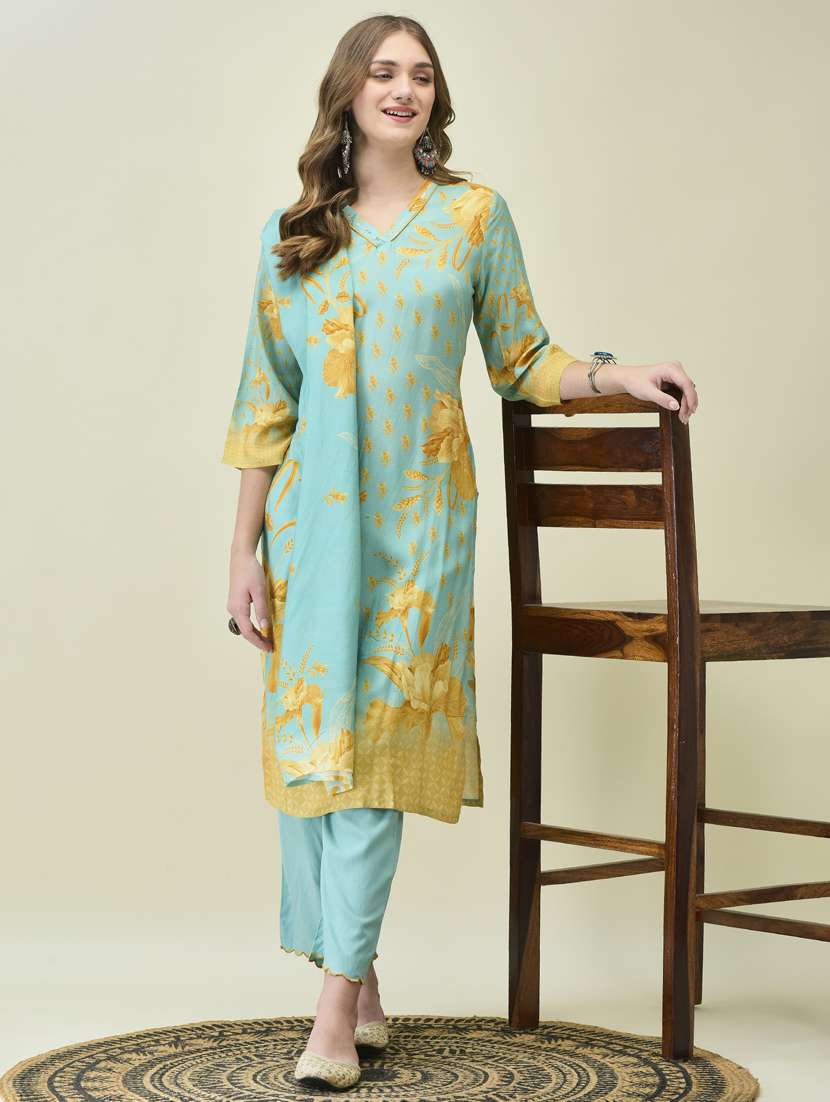 women three quarter sleeve kurta pant with dupatta set