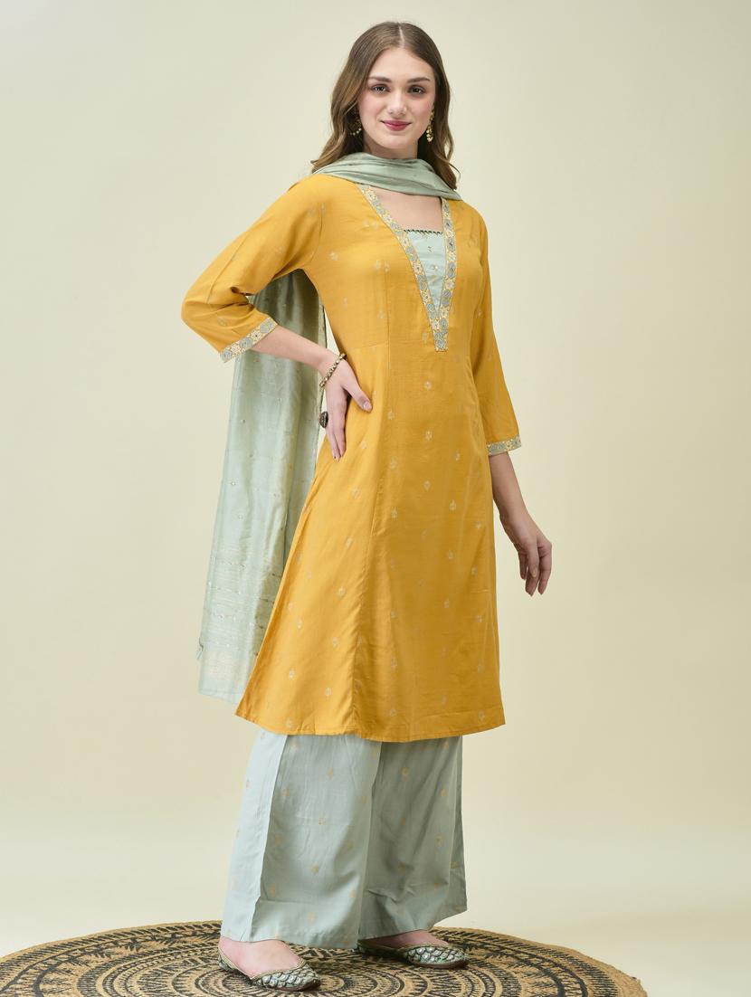 women three quarter sleeve kurta palazzo with dupatta set