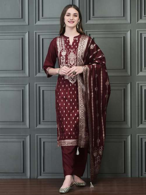 women three quarter sleeve kurta pant with dupatta set - 21785519 - Standard Image - 0
