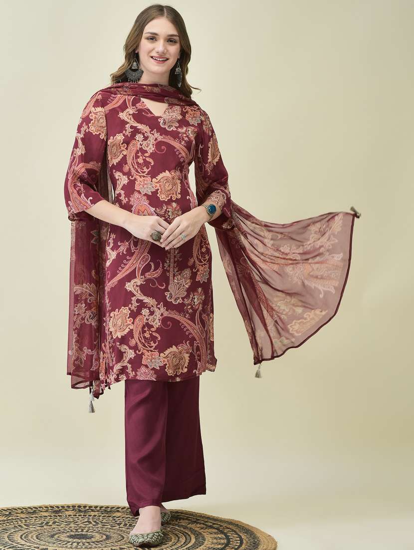 women three quarter sleeve kurta palazzo with dupatta set