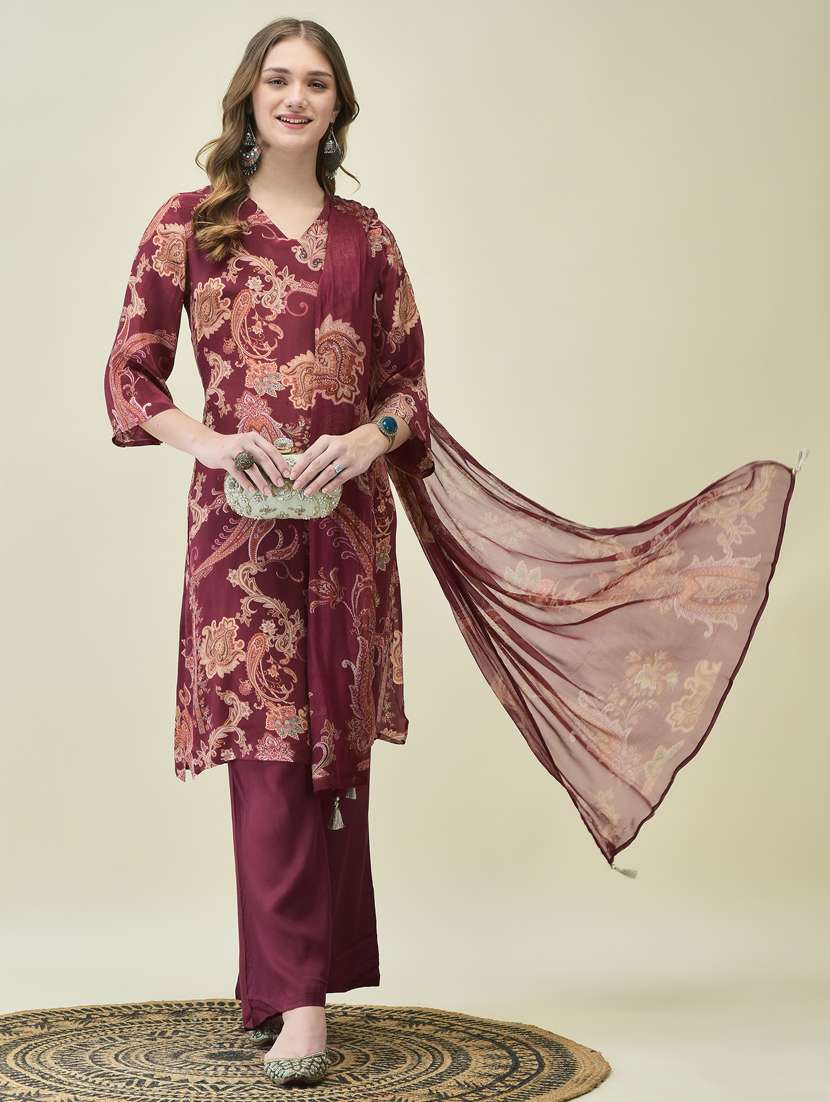 women three quarter sleeve kurta palazzo with dupatta set - 21785522 -  Standard Image - 3