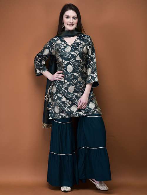 women three quarter sleeve kurta sharara with dupatta set - 21785530 -  Standard Image - 0