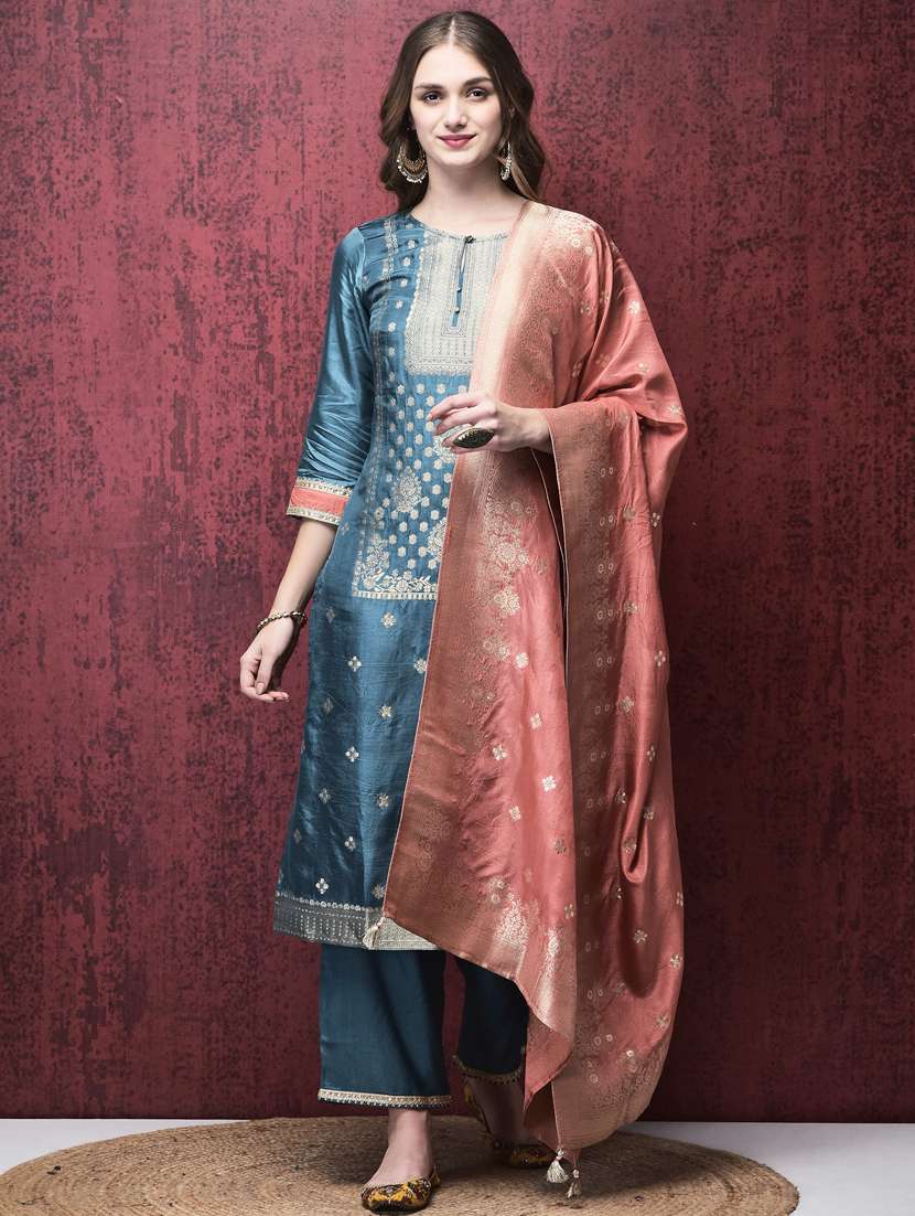 women three quarter sleeve kurta pant with dupatta set