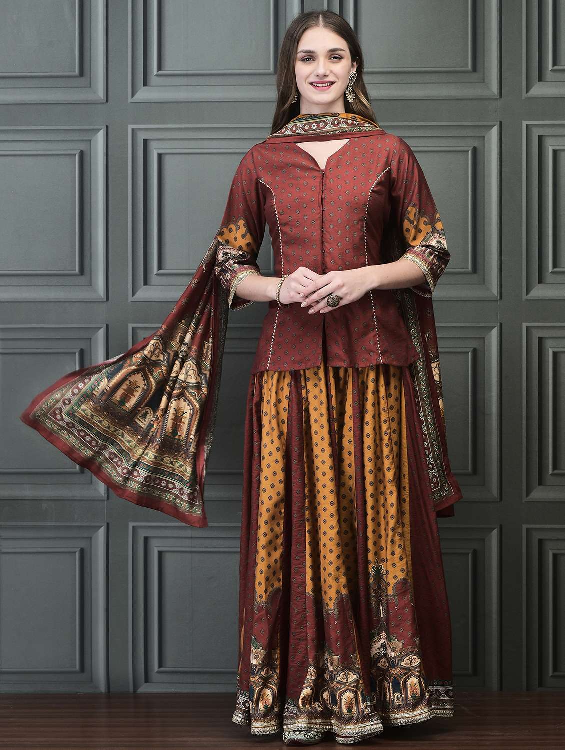 women maroon paisley printed kurta skirt with dupatta set - 21785539 -  Zoom Image - 0