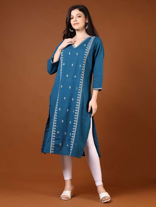 women embroidered three quarter sleeve a-line kurta - 21785550 -  Standard Image - 0
