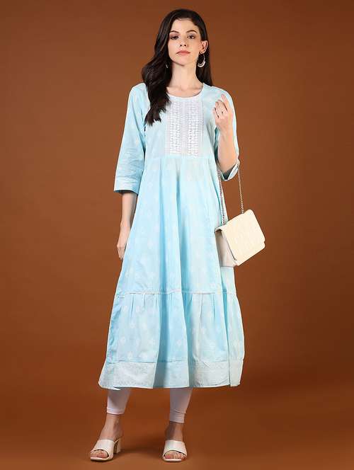 women embroidered three quarter sleeve tiered kurta - 21785552 -  Standard Image - 0