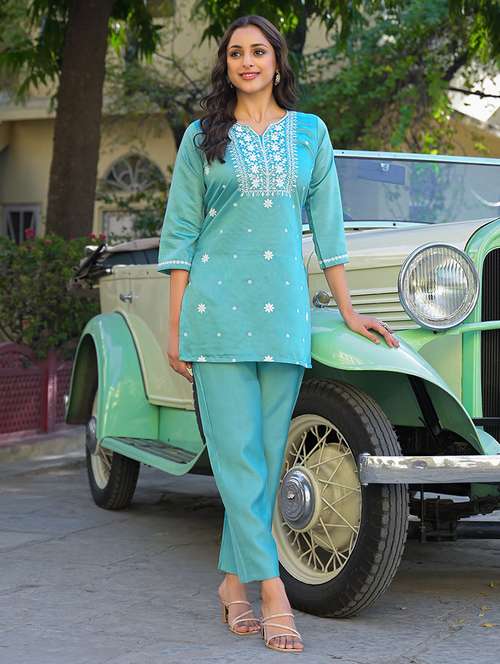 women embroidered three quarter sleeve ethnic co-ord set - 21785681 -  Standard Image - 0