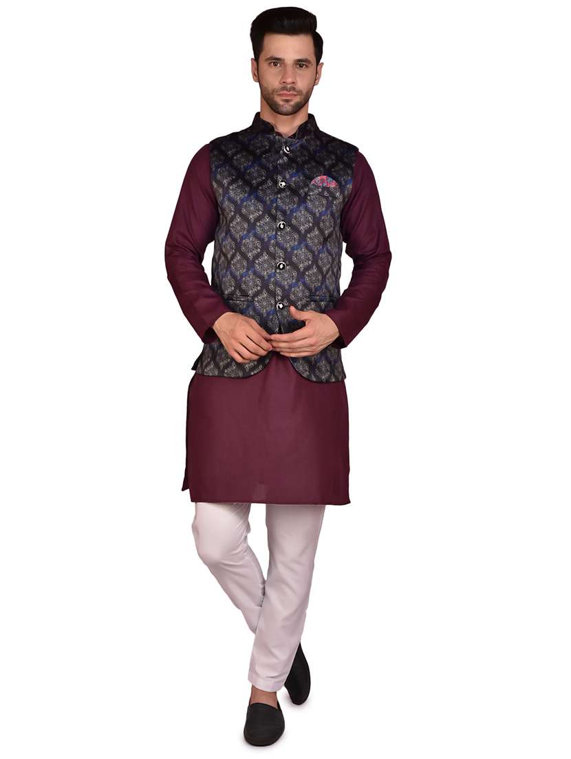 men solid mandarin neck kurta pyjama set with jacket - 21785988 -  Zoom Image - 0