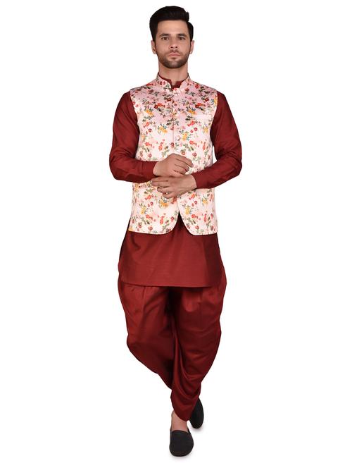 men solid mandarin neck dhoti kurta ethnic jacket set - 21786112 - Standard Image - 0