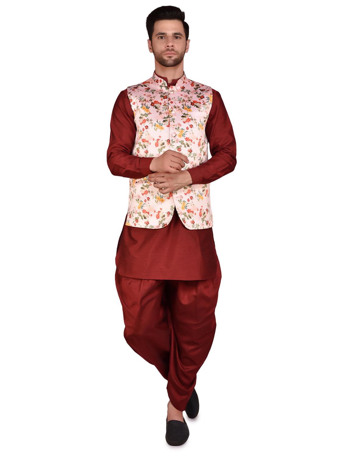 men solid mandarin neck dhoti kurta ethnic jacket set - 21786112 - Zoom Image - 0