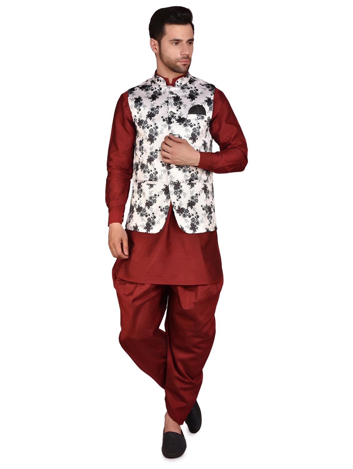 men solid mandarin neck dhoti kurta ethnic jacket set - 21786113 - Zoom Image - 0