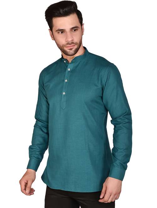 men teal solid mandarin neck short kurta - 21786279 -  Standard Image - 0