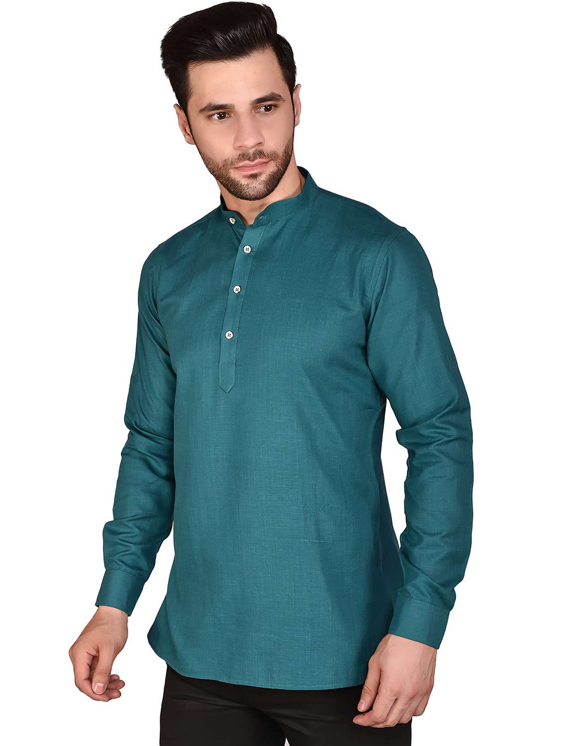 men teal solid mandarin neck short kurta