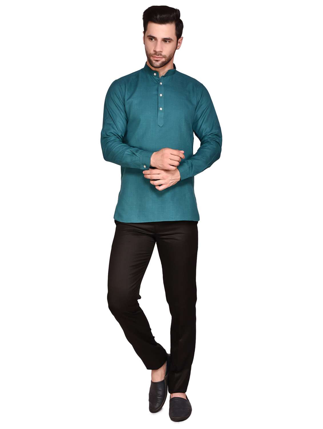 men teal solid mandarin neck short kurta - 21786279 -  Standard Image - 3