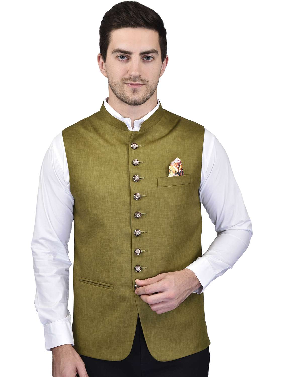 men solid mandarin neck regular fit nehru jacket