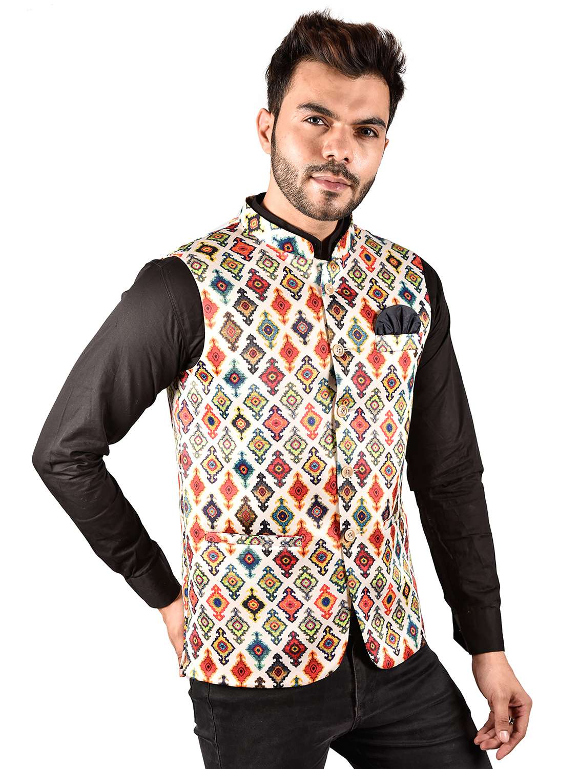 men printed mandarin neck nehru jacket