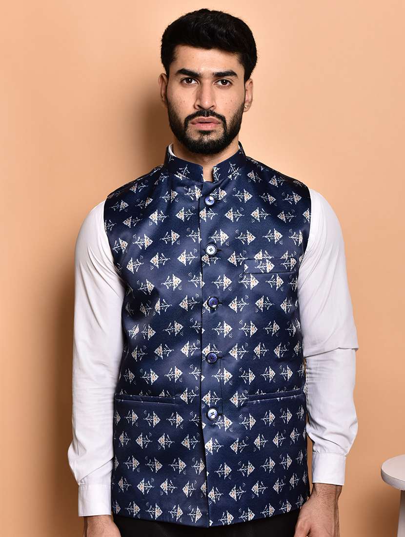 men printed mandarin neck nehru jacket - 21786312 - Zoom Image - 0