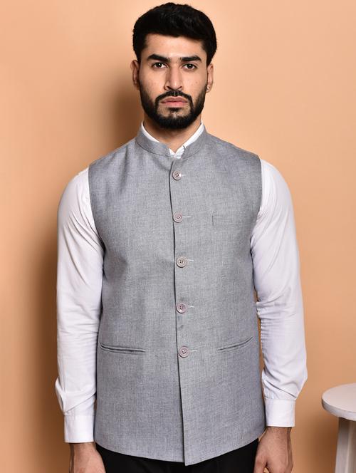 men solid mandarin neck regular fit nehru jacket - 21786320 - Standard Image - 0