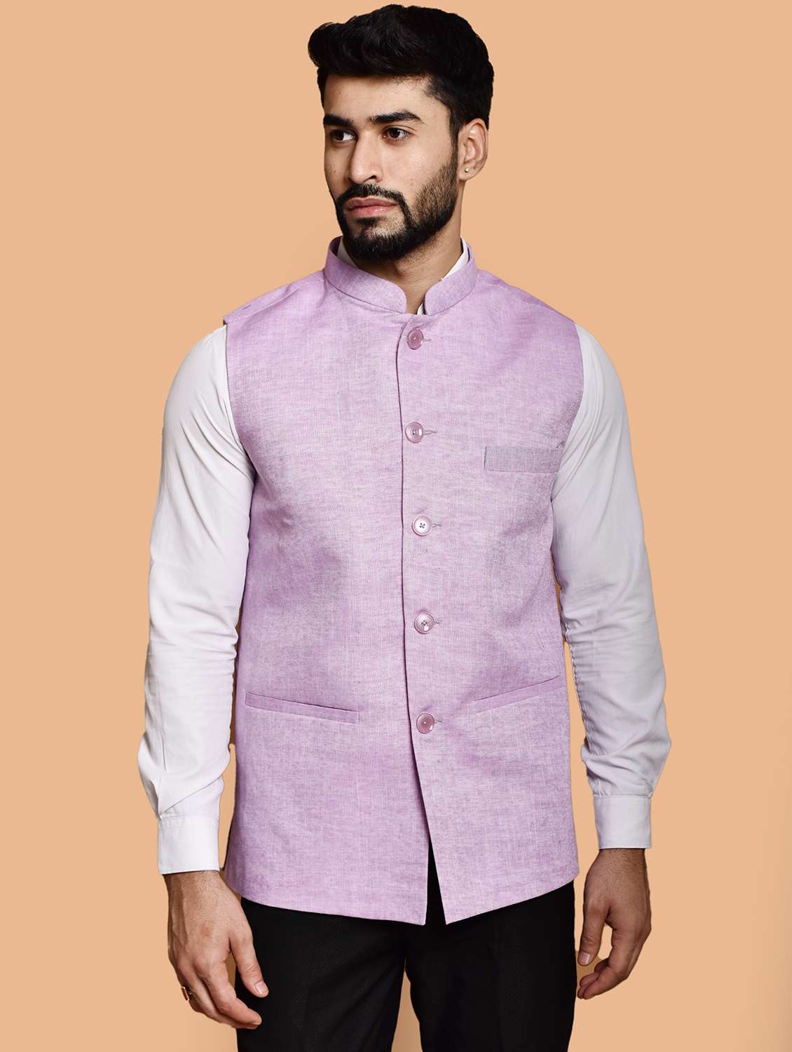 men solid mandarin neck regular fit nehru jacket