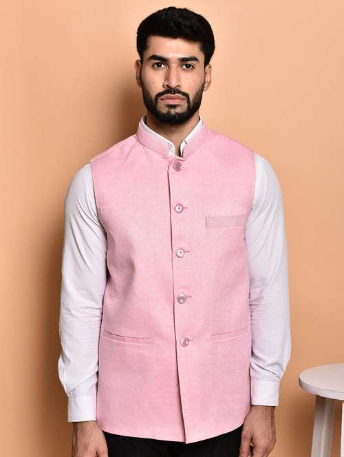 men solid mandarin neck regular fit nehru jacket - 21786324 - Standard Image - 0