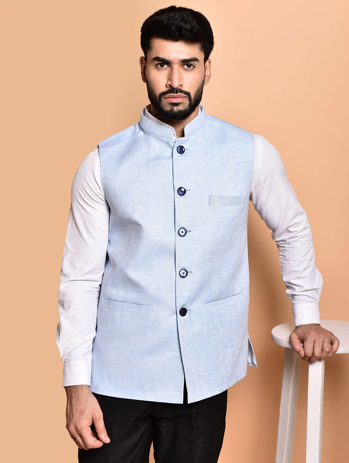 men solid mandarin neck regular fit nehru jacket