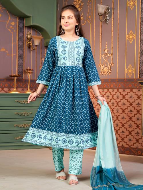 girls three quarter sleeve kurta pant with dupatta set - 21786434 -  Standard Image - 0