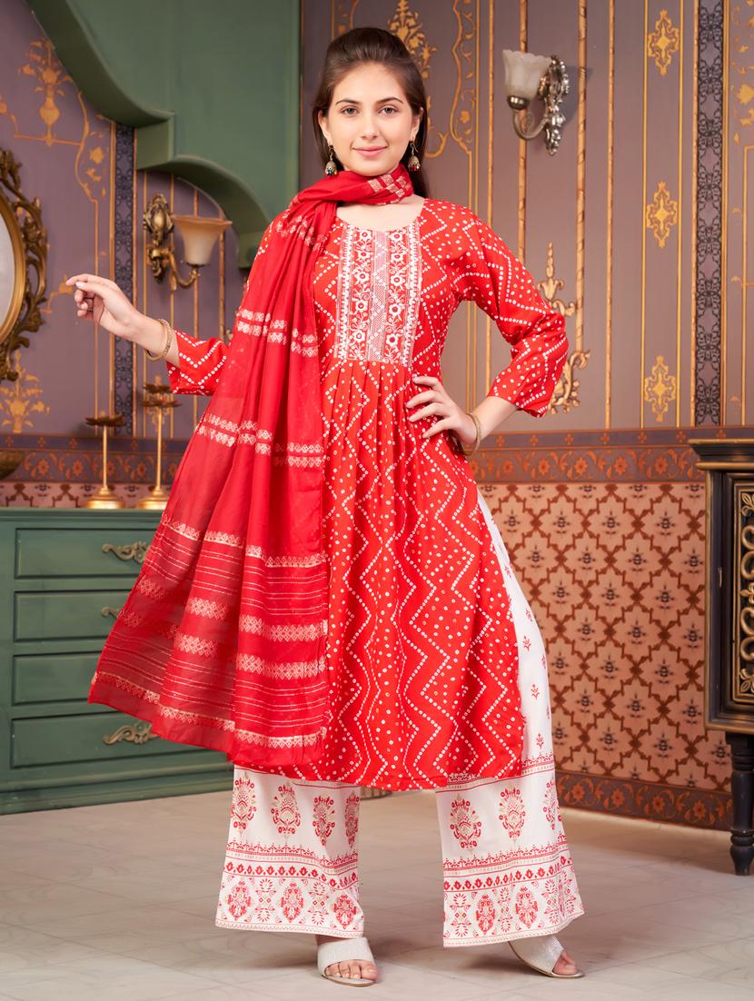 girls three quarter sleeve kurta palazzo with dupatta set