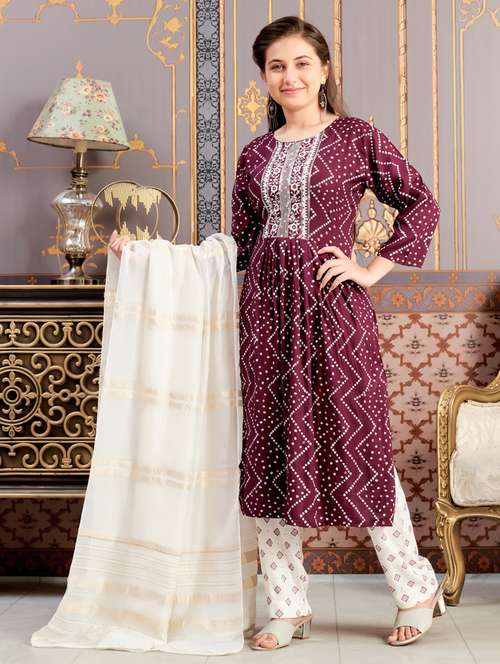 girls three quarter sleeve kurta pant with dupatta set - 21786443 - Standard Image - 0