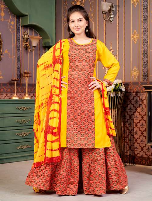 girls printed kurta and sharara with dupatta - 21786451 - Standard Image - 0