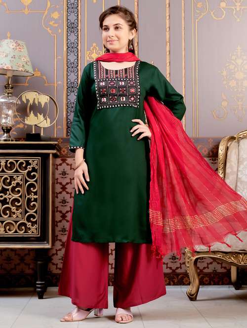 girls printed kurta and palazzo with dupatta - 21786457 -  Standard Image - 0