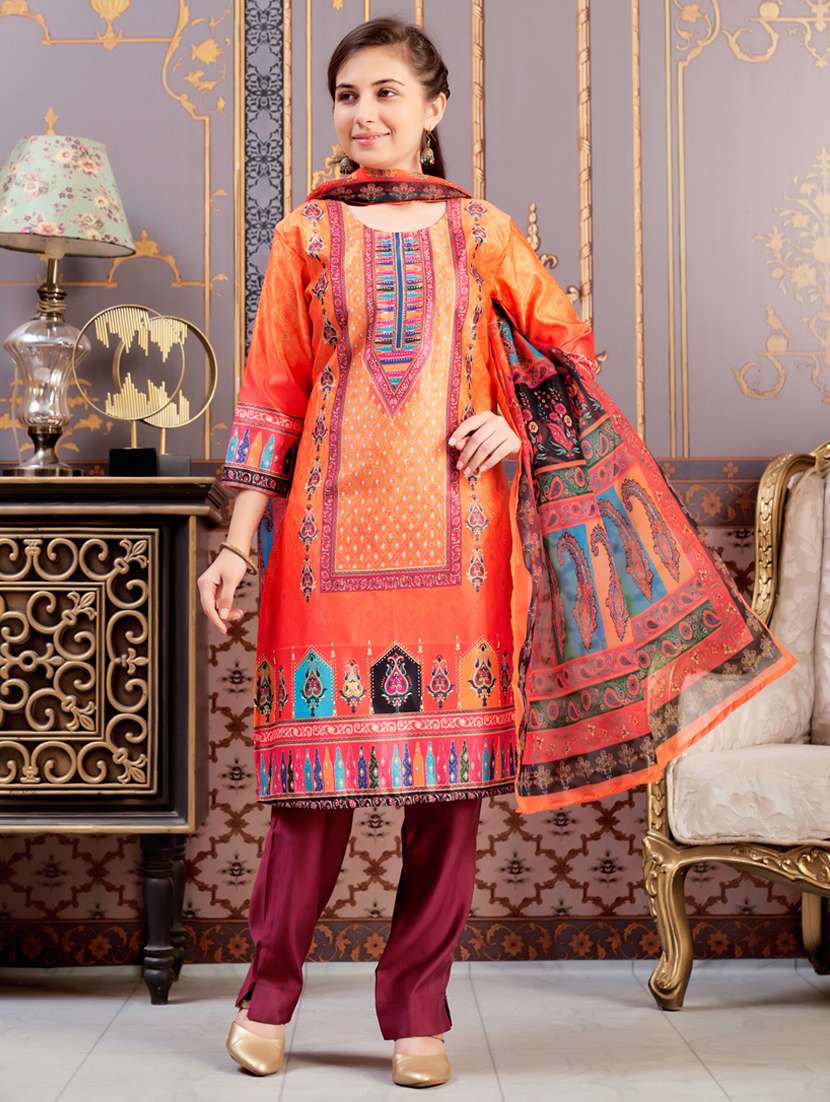 girls printed kurta and pant with dupatta