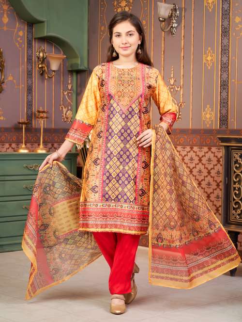 girls printed kurta and pant with dupatta - 21786475 -  Standard Image - 0