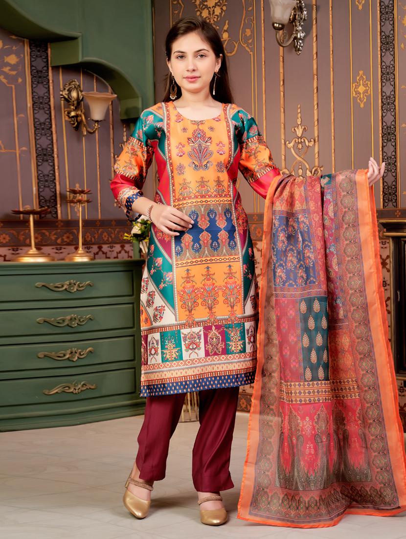 girls printed kurta and pant with dupatta