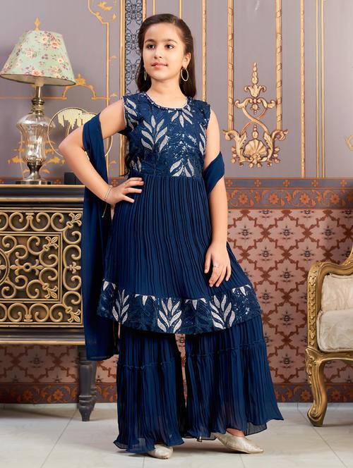 girls sequined kurta and sharara with dupatta - 21786505 - Standard Image - 0