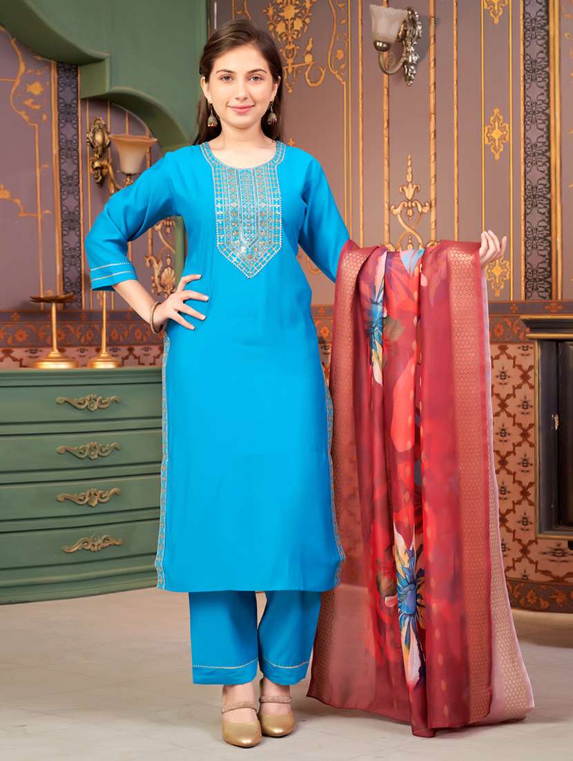 girls embellished kurta and pant with dupatta  