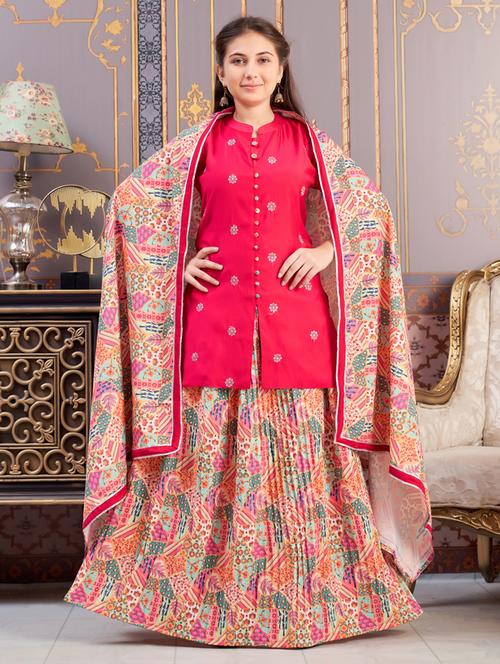 girls pink three quarter sleeve kurta skirt set - 21786532 - Standard Image - 0