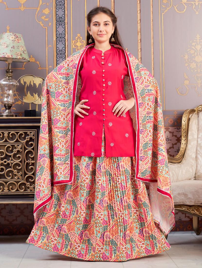 girls pink three quarter sleeve kurta skirt set - 21786532 - Zoom Image - 0