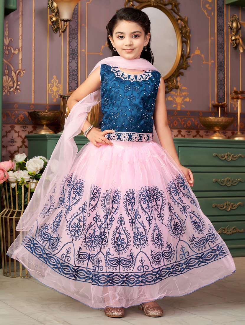 girls solid with work sleeveless lehenga choli set