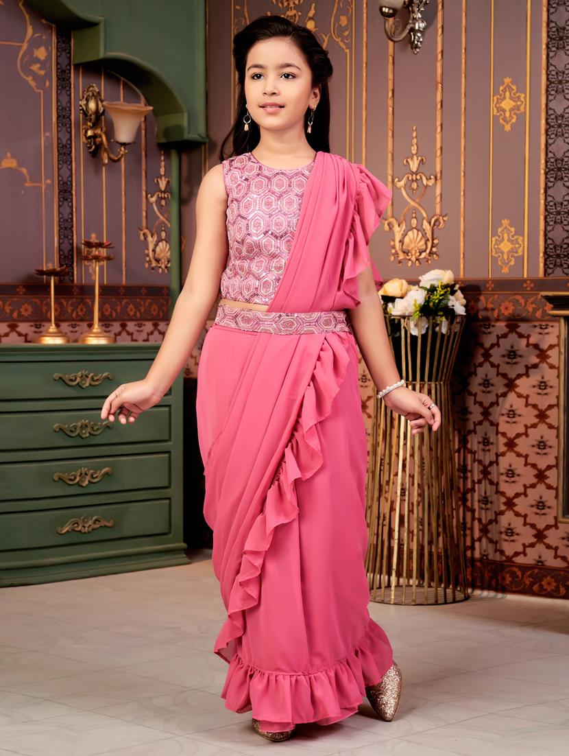 girls solid ready wear saree with embellished blouse - 21786552 - Zoom Image - 0