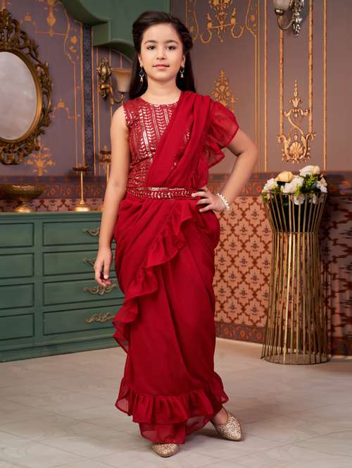 girls solid ready wear saree with embellished blouse - 21786553 -  Standard Image - 0
