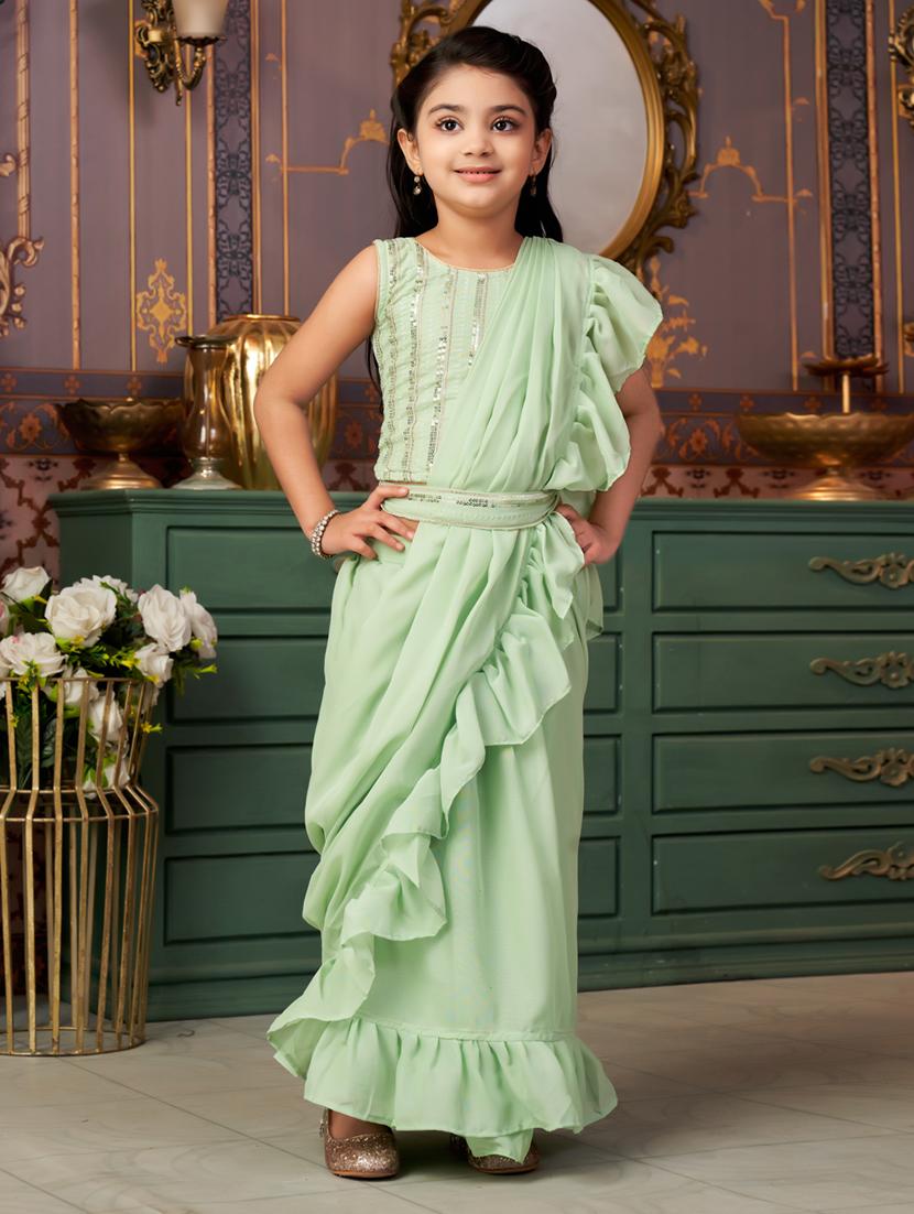 girls solid ready wear saree with embellished blouse - 21786555 - Zoom Image - 0