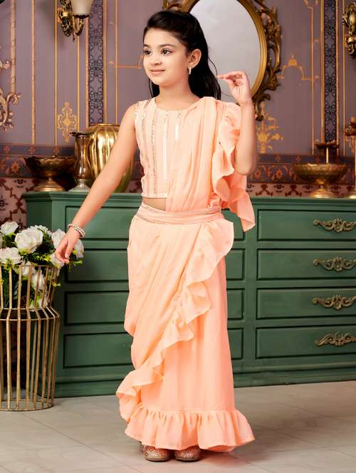 girls solid ready wear saree with embellished blouse - 21786556 - Standard Image - 0