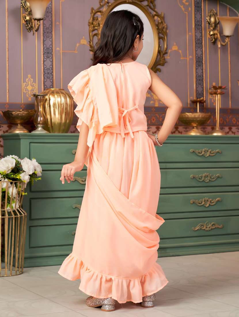 girls solid ready wear saree with embellished blouse - 21786556 - Standard Image - 3