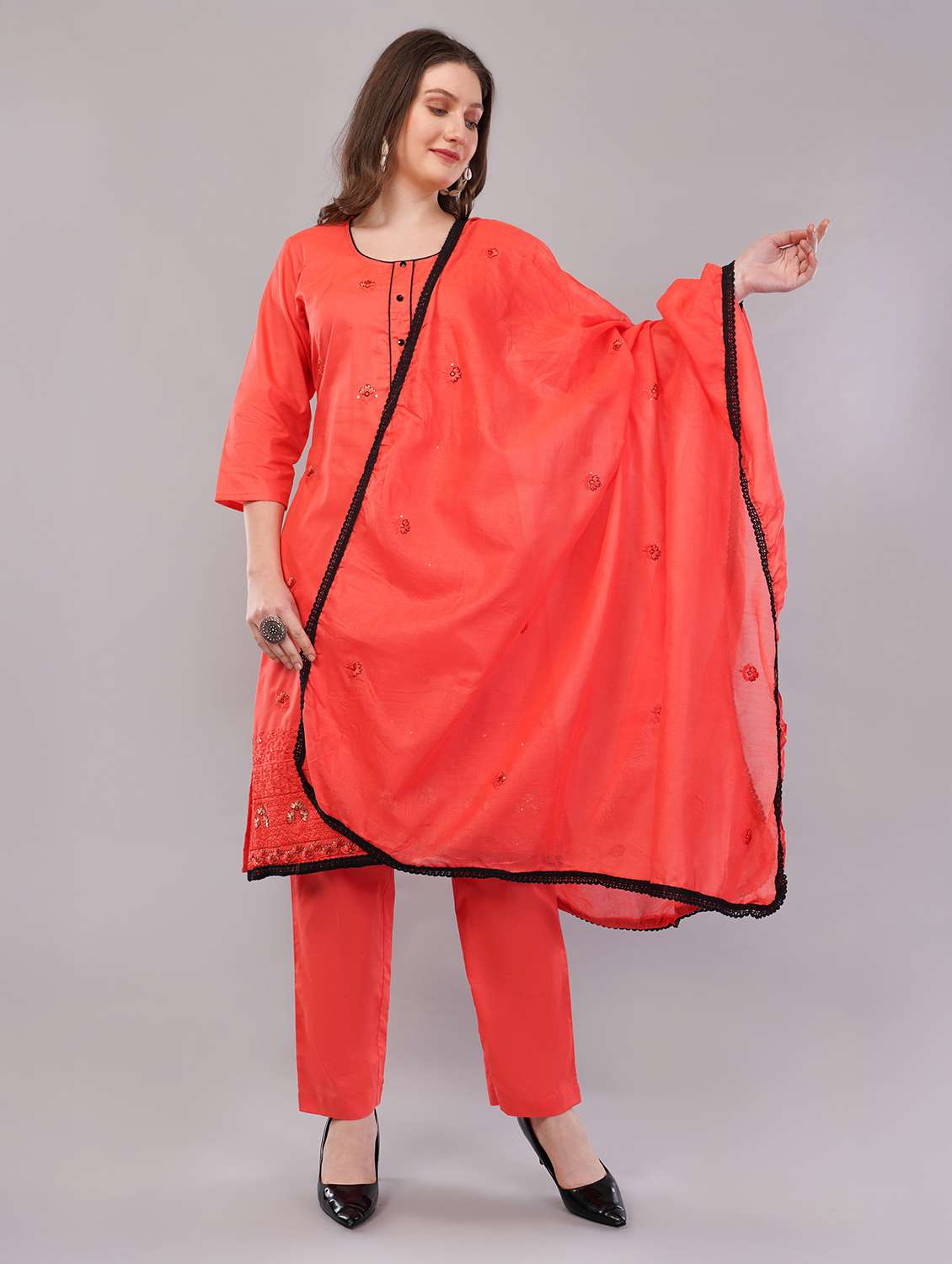 women three quarter sleeve kurta pant with dupatta set