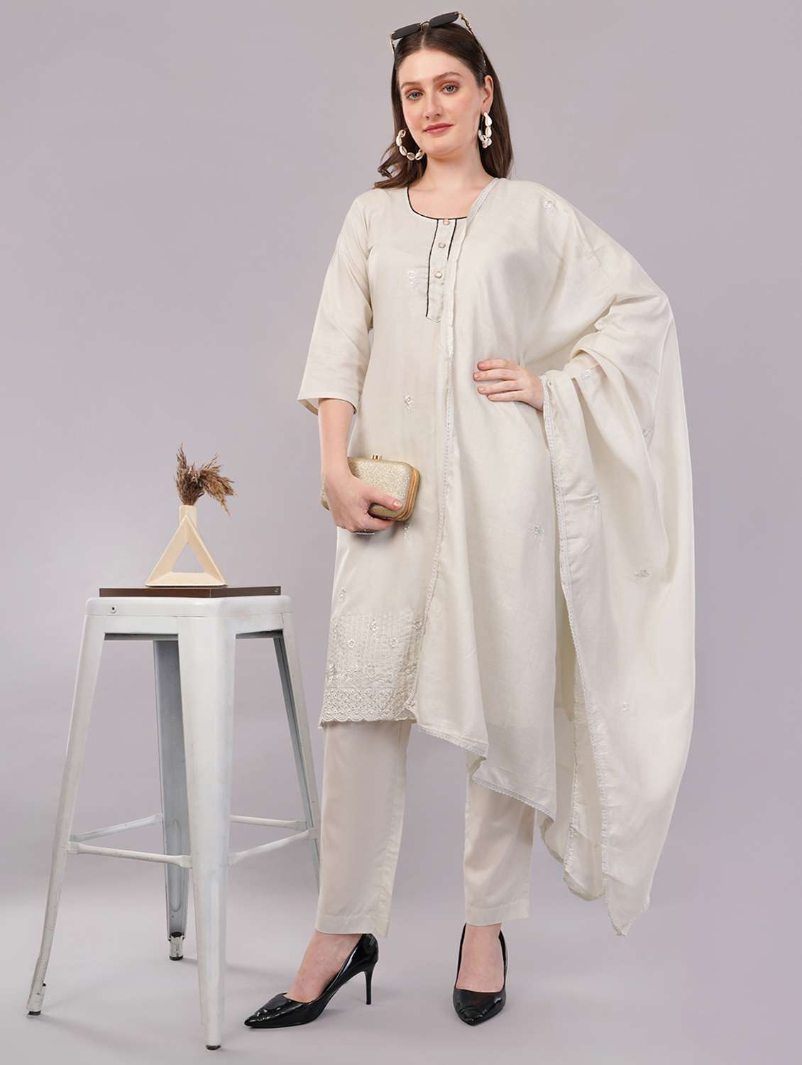 women three quarter sleeve kurta pant with dupatta set