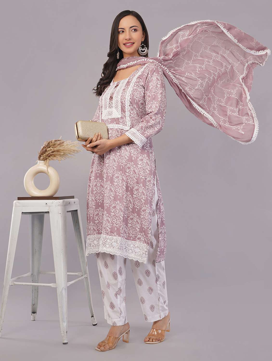 women three quarter sleeve kurta pant with dupatta set