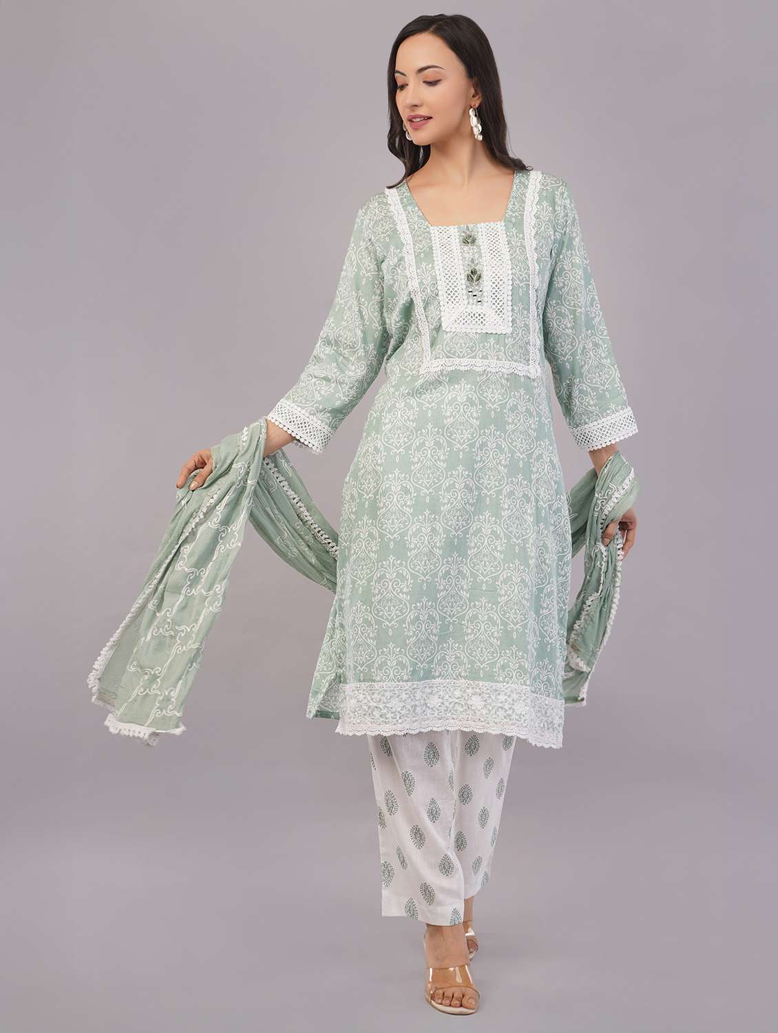 women three quarter sleeve kurta pant with dupatta set