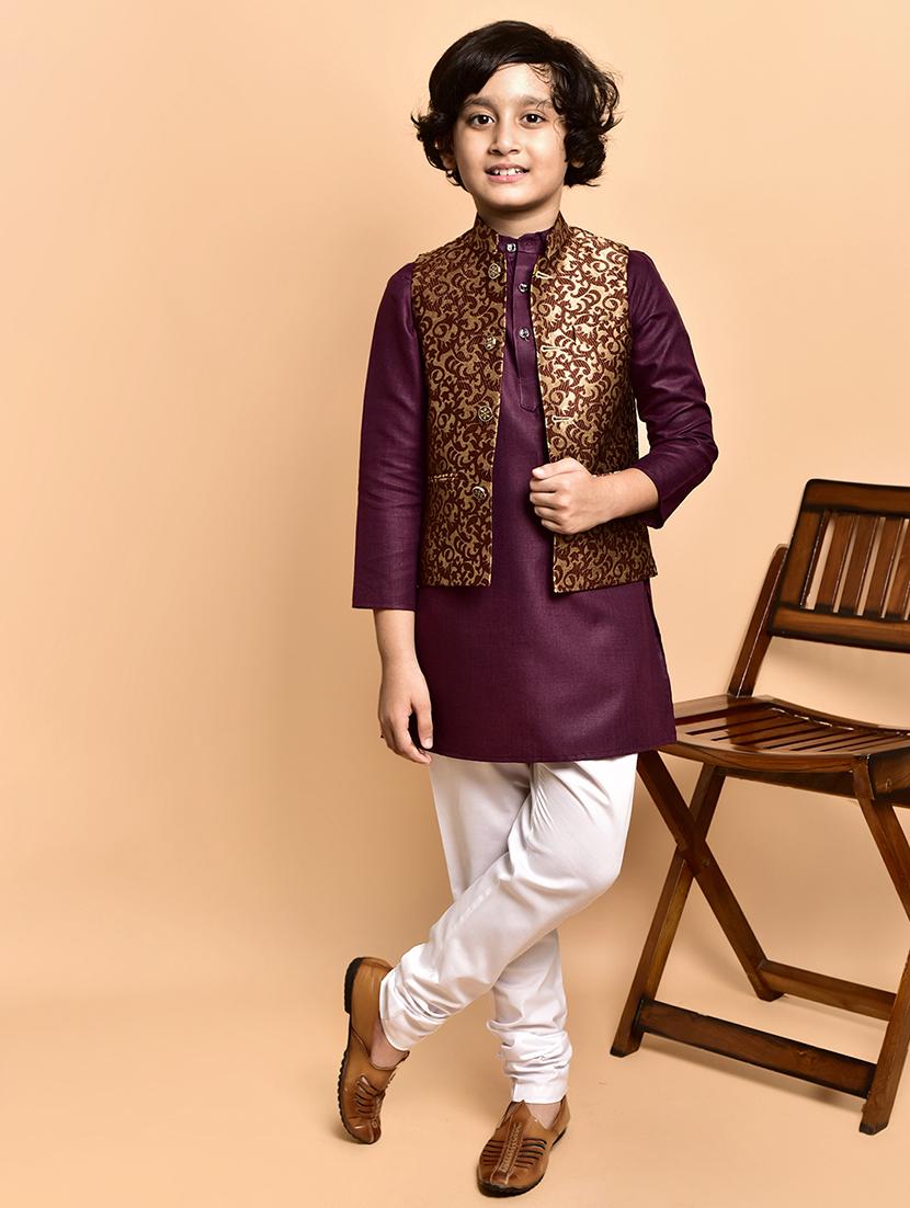 boys solid mandarin neck kurta pyjama ethnic jacket set