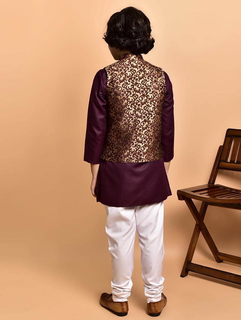 boys solid mandarin neck kurta pyjama ethnic jacket set - 21787126 - Standard Image - 3