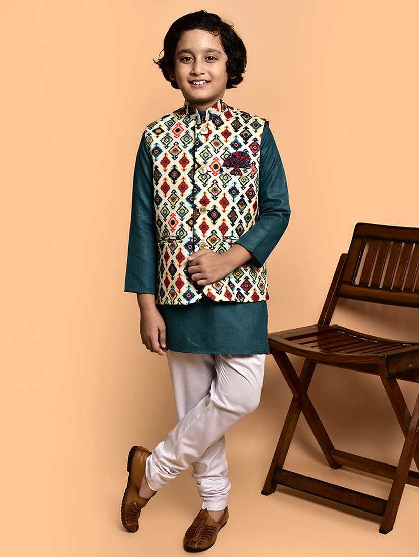 boys solid mandarin neck kurta pyjama ethnic jacket set
